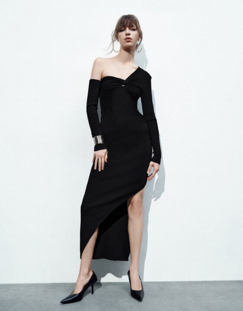 Black Urban Revivo One Shoulder Skinny Women\'s Knitted Dress | WLJKUT-247