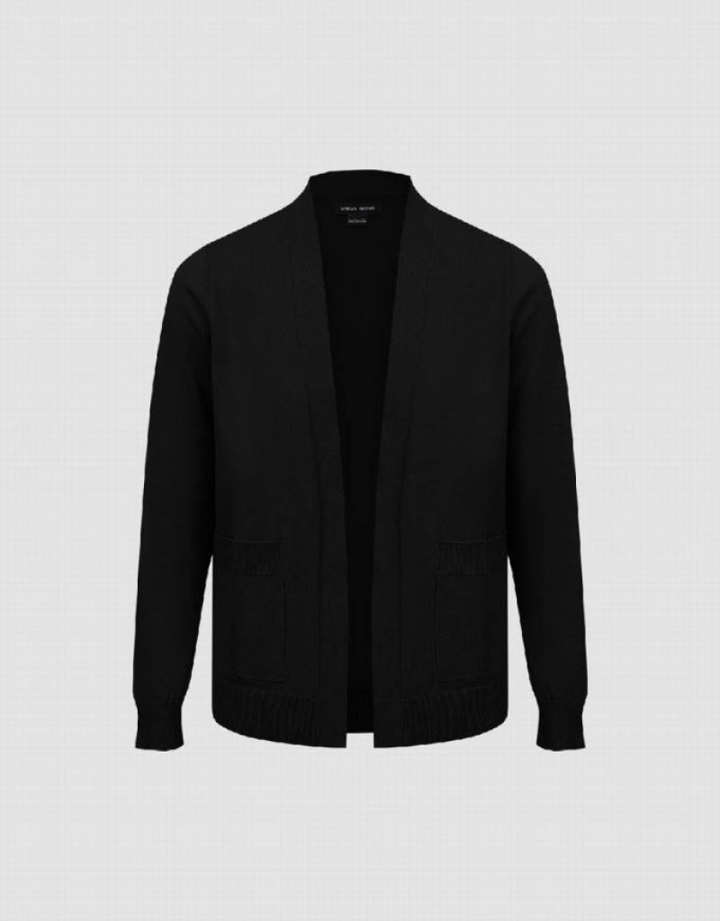 Black Urban Revivo Open Front Straight Knitted Men's Cardigan | LBAKDZ-872