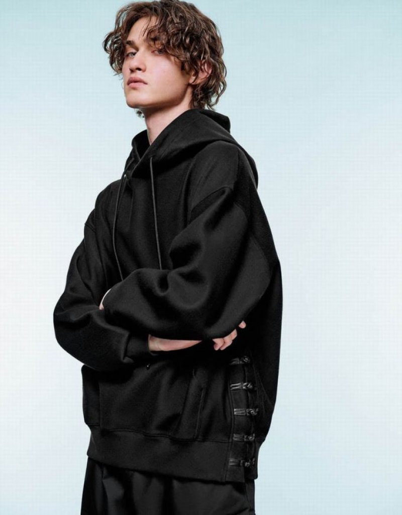 Black Urban Revivo Oversized Hooded Men's Sweatshirts | DEZYQN-435