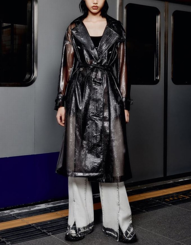 Black Urban Revivo PVC Belted Women's Trench Coat | OMIJVY-156