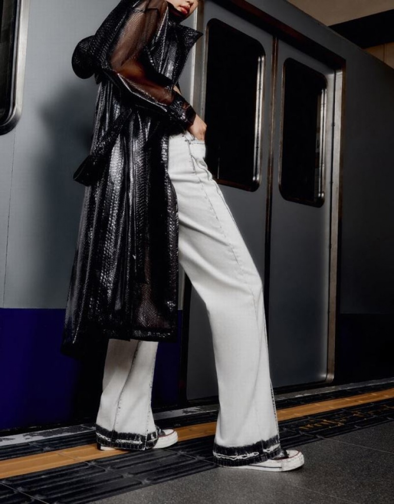 Black Urban Revivo PVC Belted Women's Trench Coat | OMIJVY-156