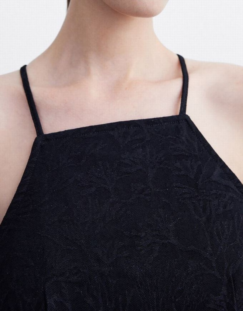 Black Urban Revivo Plant Print Cami Women's Denim Dress | GYQFPK-752