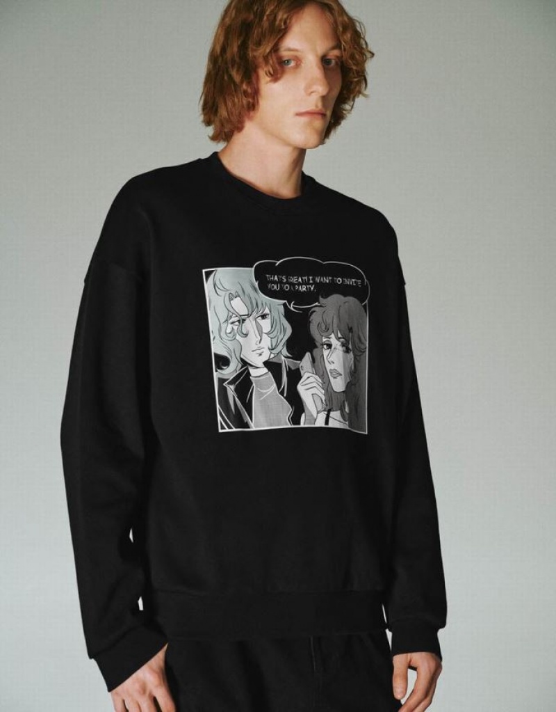 Black Urban Revivo Printed Crew Neck Men's Sweatshirts | JPHSAZ-108