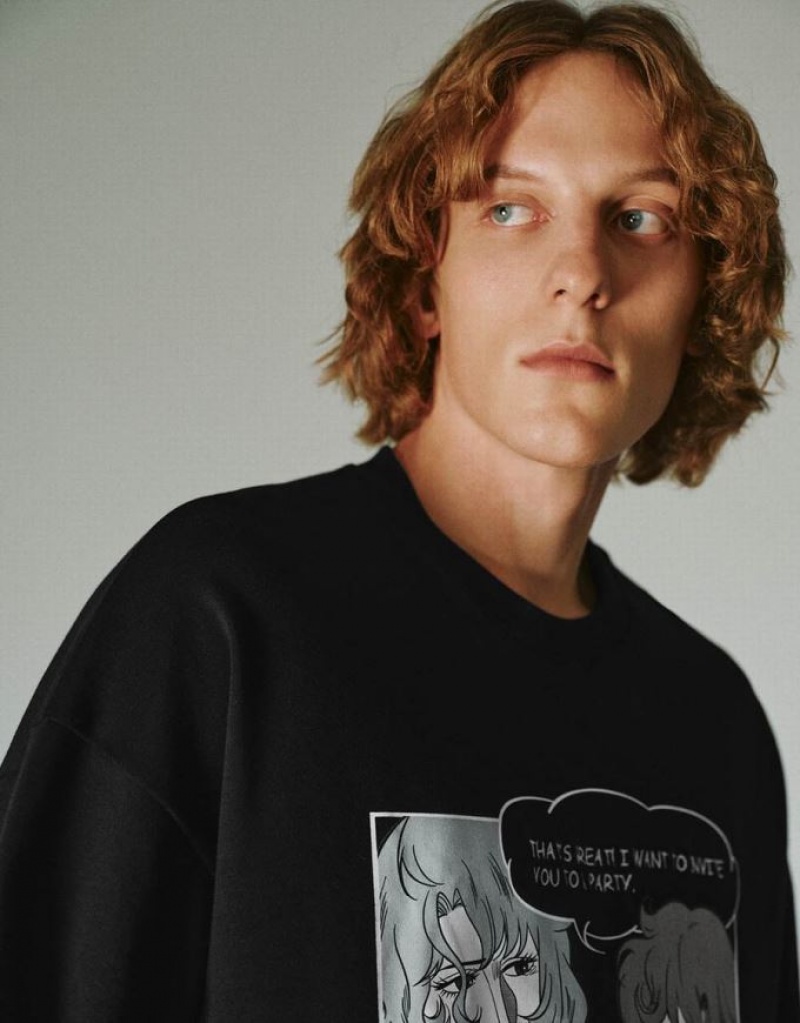 Black Urban Revivo Printed Crew Neck Men's Sweatshirts | JPHSAZ-108
