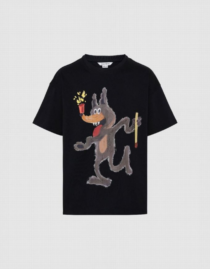 Black Urban Revivo Printed Crew Neck Straight Men's T-Shirts | VLQZIG-780