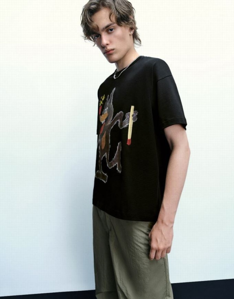 Black Urban Revivo Printed Crew Neck Straight Men's T-Shirts | VLQZIG-780