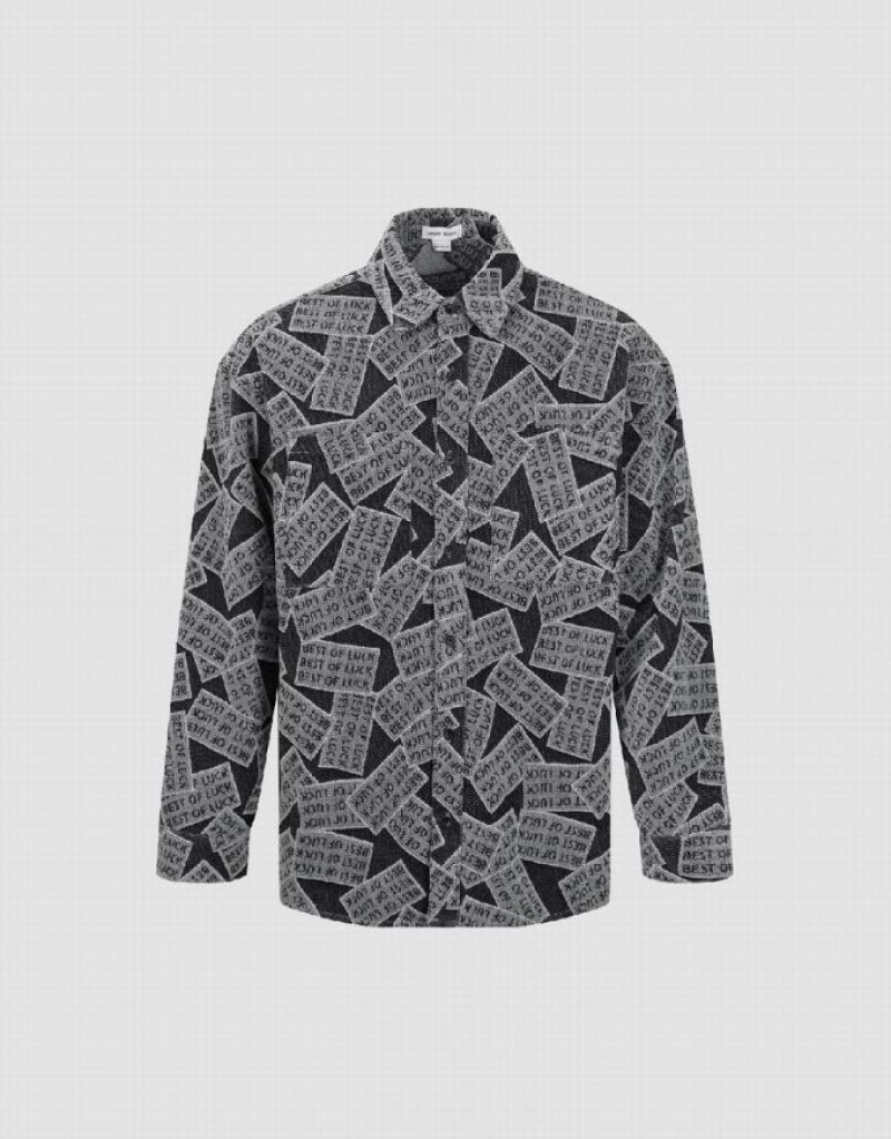 Black Urban Revivo Printed Loose Denim Men's Shirts | KSIBPL-081