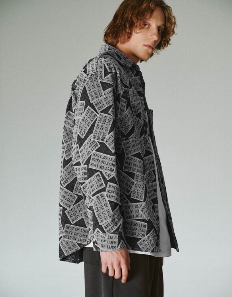 Black Urban Revivo Printed Loose Denim Men's Shirts | KSIBPL-081
