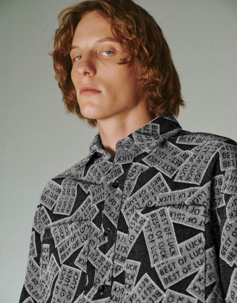 Black Urban Revivo Printed Loose Denim Men's Shirts | KSIBPL-081