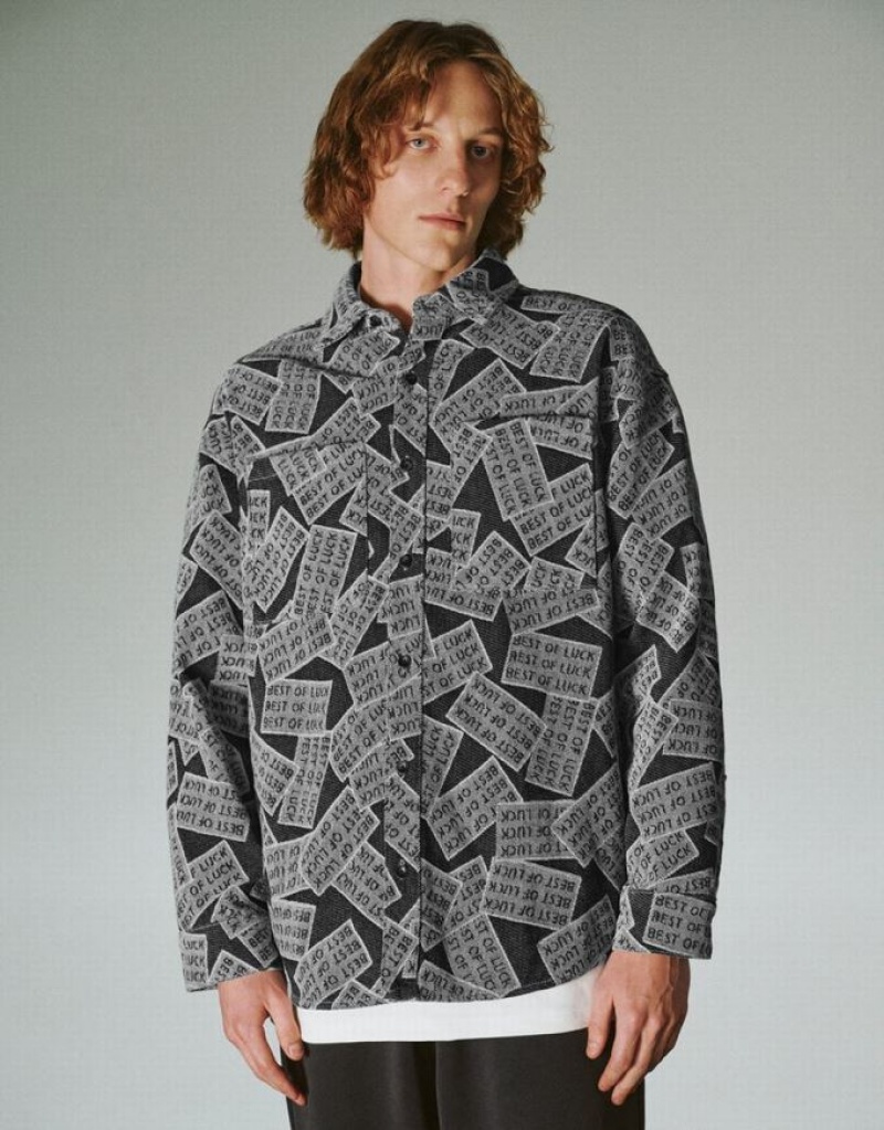 Black Urban Revivo Printed Loose Denim Men\'s Shirts | KSIBPL-081