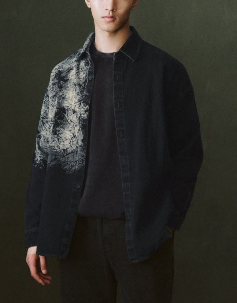 Black Urban Revivo Printed Loose Denim Men's Shirts | GNWVUE-983
