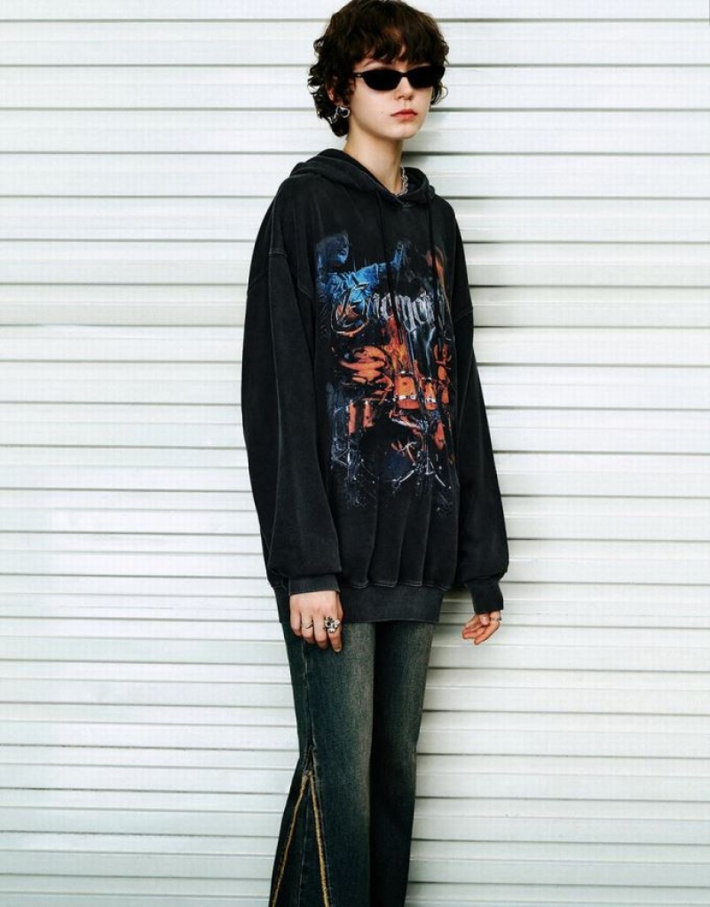 Black Urban Revivo Printed Loose Women's Hoodie | PKUQTF-429