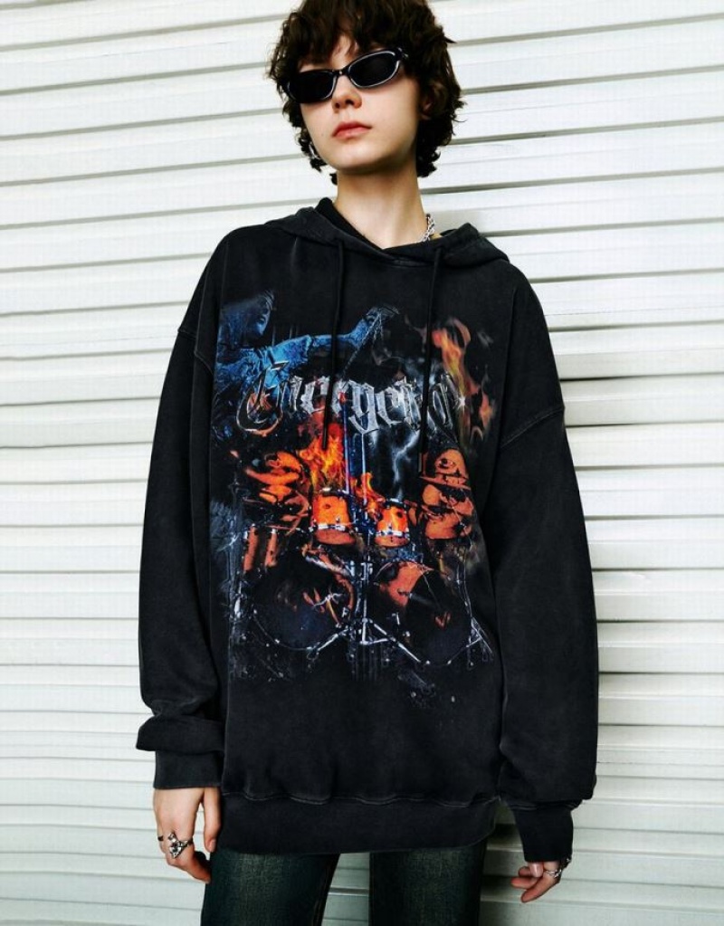Black Urban Revivo Printed Loose Women\'s Hoodie | PKUQTF-429