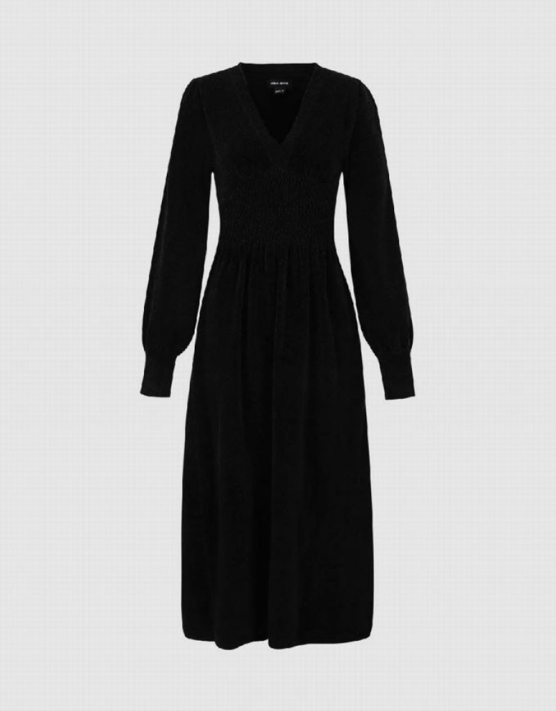 Black Urban Revivo Puff Sleeve V-Neck A-Line Women's Knitted Dress | RQOPIT-046