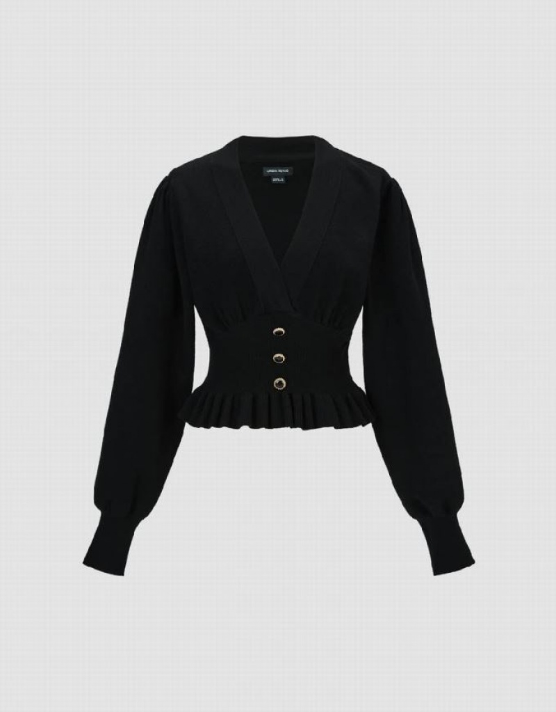Black Urban Revivo Puff Sleeve V-Neck Knitted Women's Cardigan | ROANWP-152