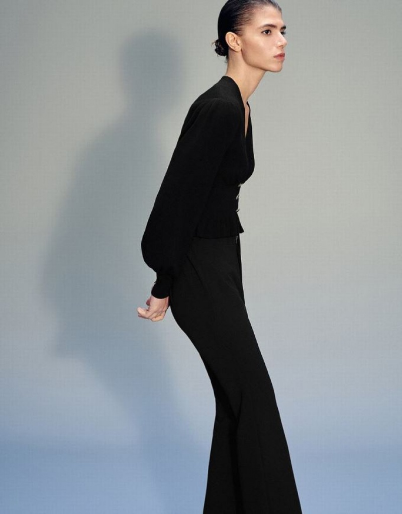 Black Urban Revivo Puff Sleeve V-Neck Knitted Women's Cardigan | ROANWP-152