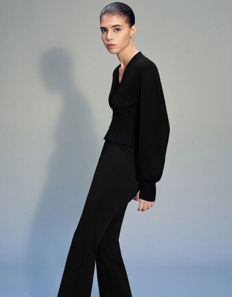 Black Urban Revivo Puff Sleeve V-Neck Knitted Women's Cardigan | ROANWP-152