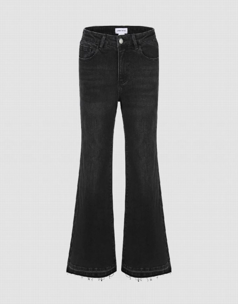 Black Urban Revivo Raw Hem Flare Women\'s Jeans | IRMKEF-025