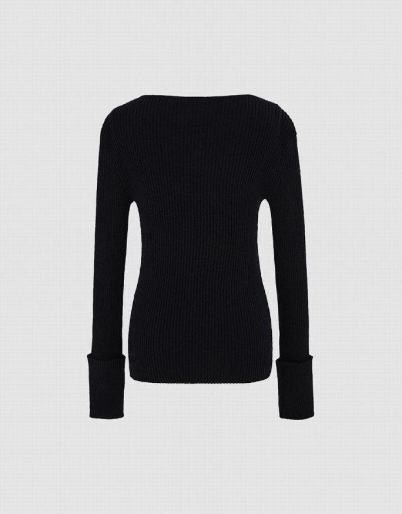 Black Urban Revivo Rib Knit Women's Sweaters | YINQOW-375
