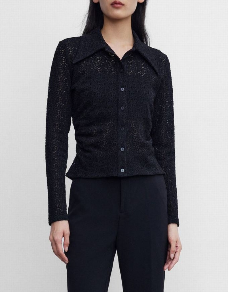 Black Urban Revivo Ruched Button Up Fitted Women's Shirts | UKPVTY-587