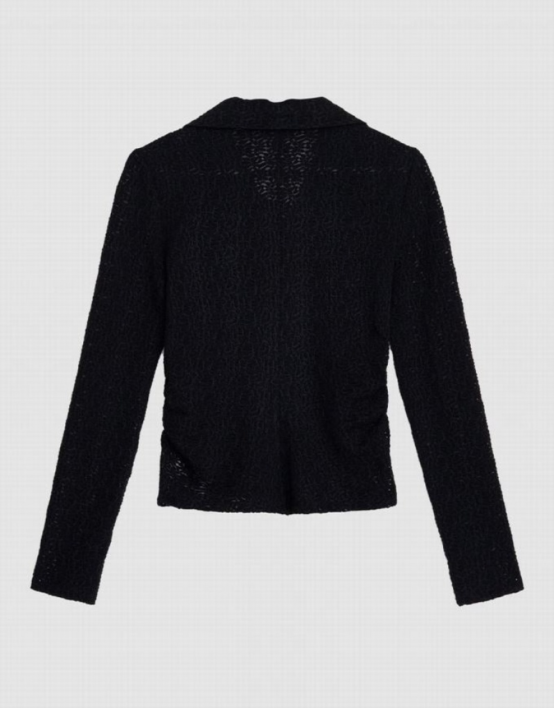 Black Urban Revivo Ruched Button Up Fitted Women's Shirts | UKPVTY-587
