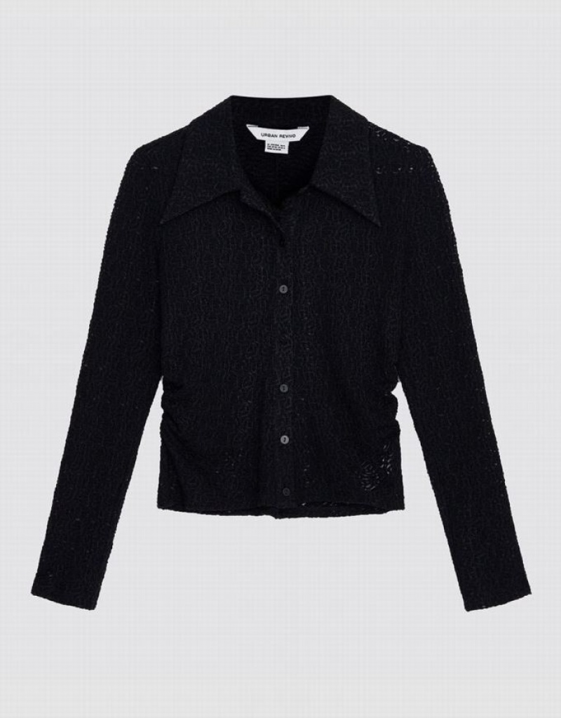 Black Urban Revivo Ruched Button Up Fitted Women\'s Shirts | UKPVTY-587