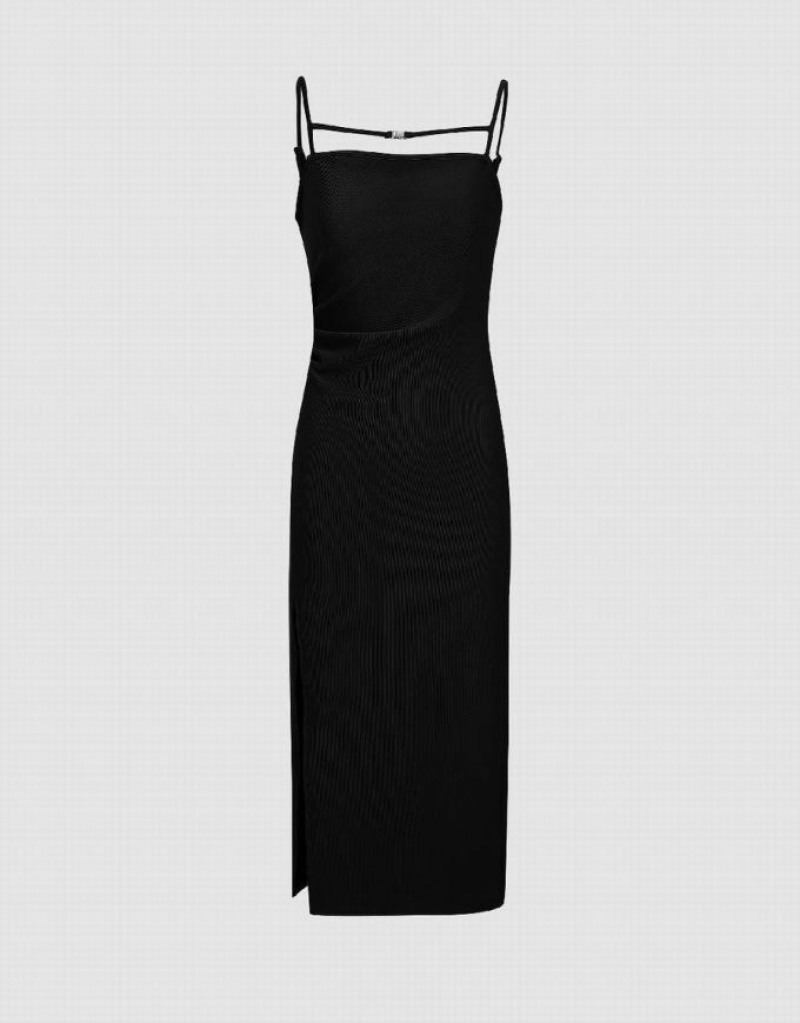 Black Urban Revivo Ruched Cami A-Line Women\'s Dress | MRZSTP-976