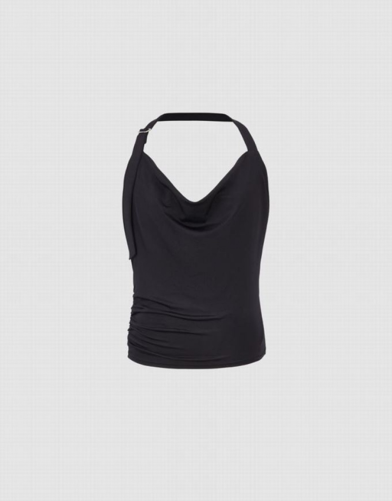 Black Urban Revivo Ruched Cowl Neck Women's Tank Top | EPYDAX-321