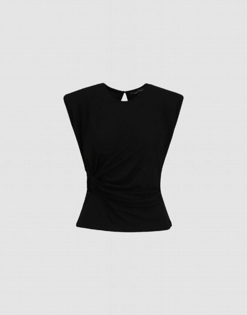 Black Urban Revivo Ruched Crew Neck Women's Tank Top | XQAHUE-925