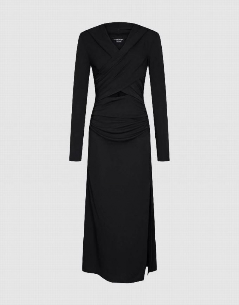 Black Urban Revivo Ruched Cut-Out Knitted Straight Women's Dress | BUJFNY-918