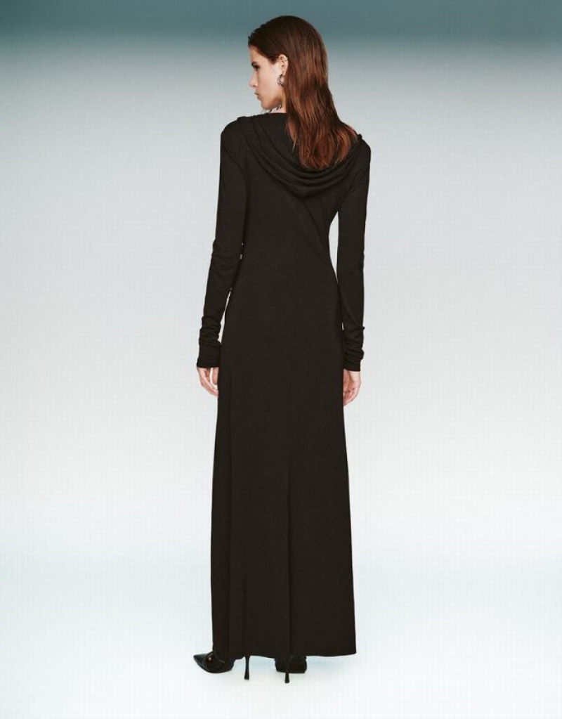 Black Urban Revivo Ruched Cut-Out Knitted Straight Women's Dress | BUJFNY-918