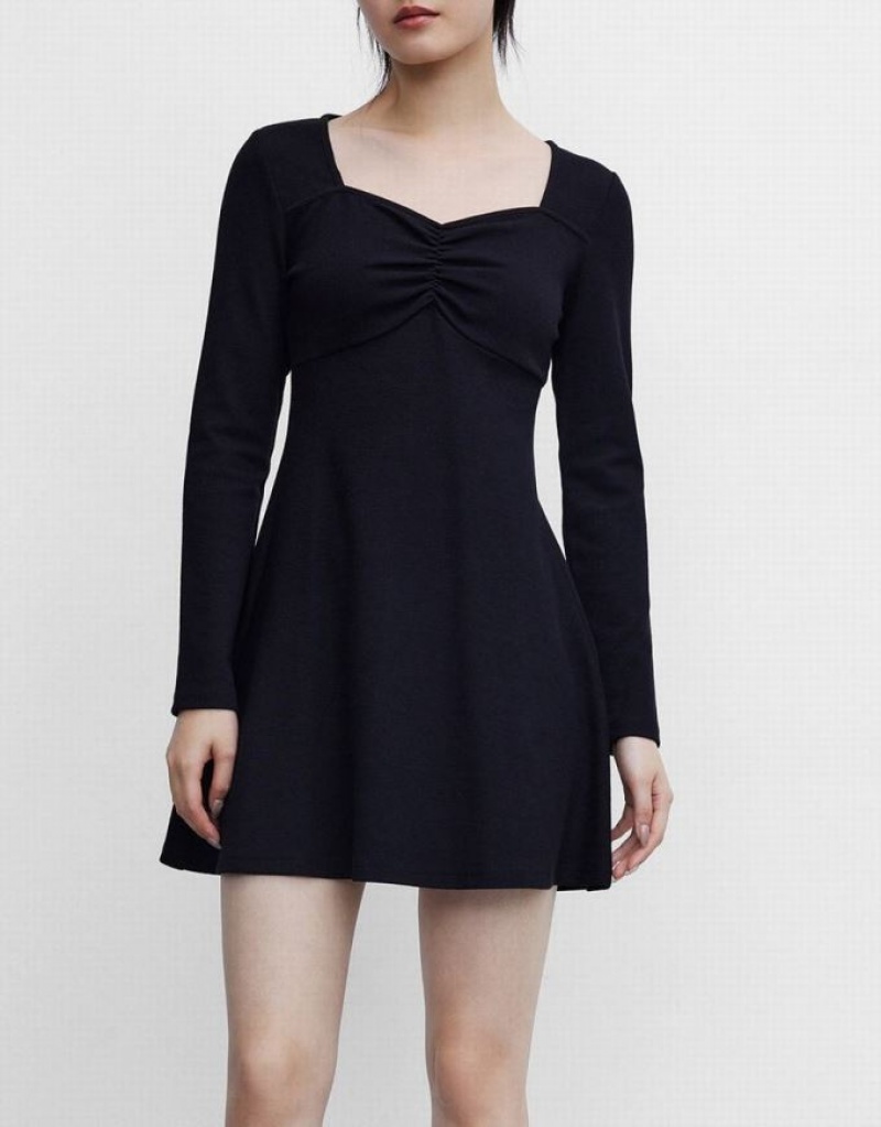 Black Urban Revivo Ruched Front Skater Women's Casual Dress | XLQTRC-925