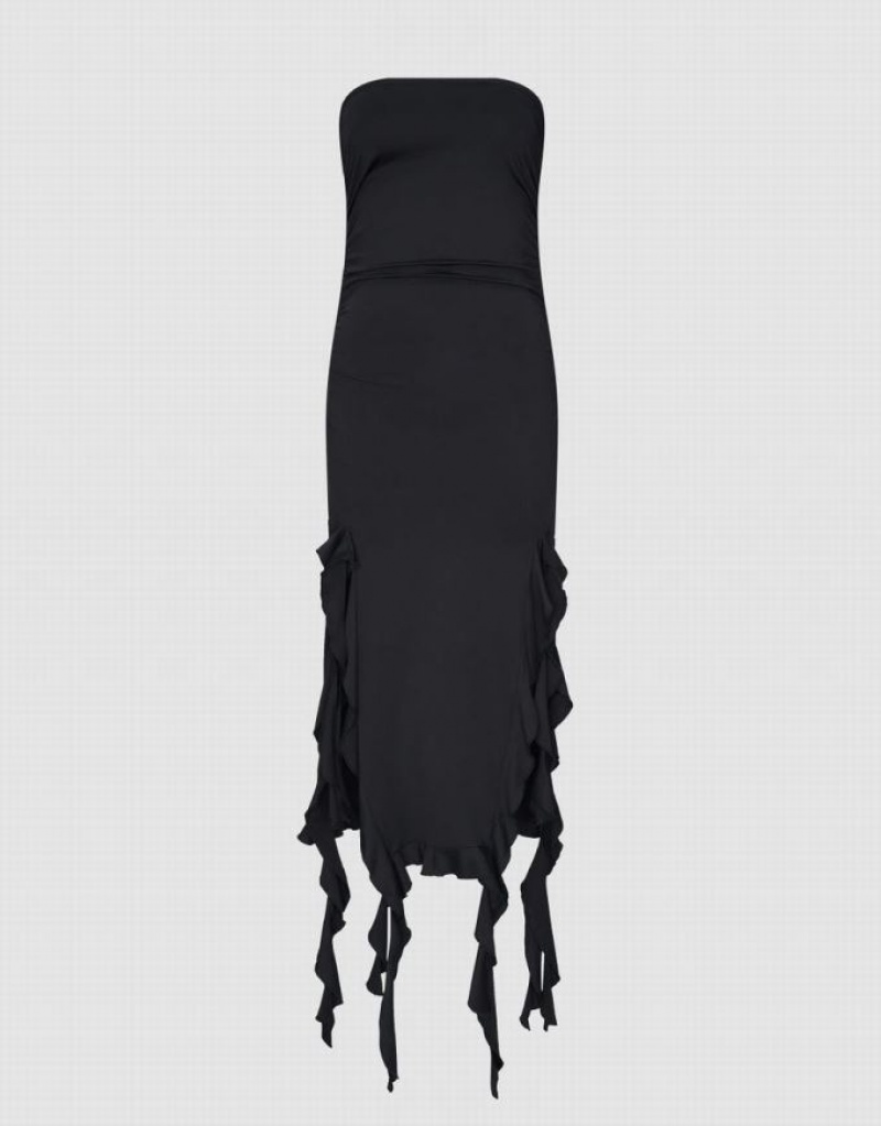 Black Urban Revivo Ruched Sleeveless Skinny Women's Dress | IEGCBT-549