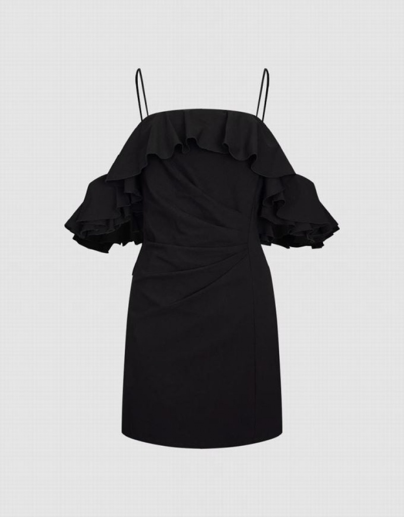 Black Urban Revivo Ruffle Off-Shoulder Skinny Women's Dress | FWNYEP-386