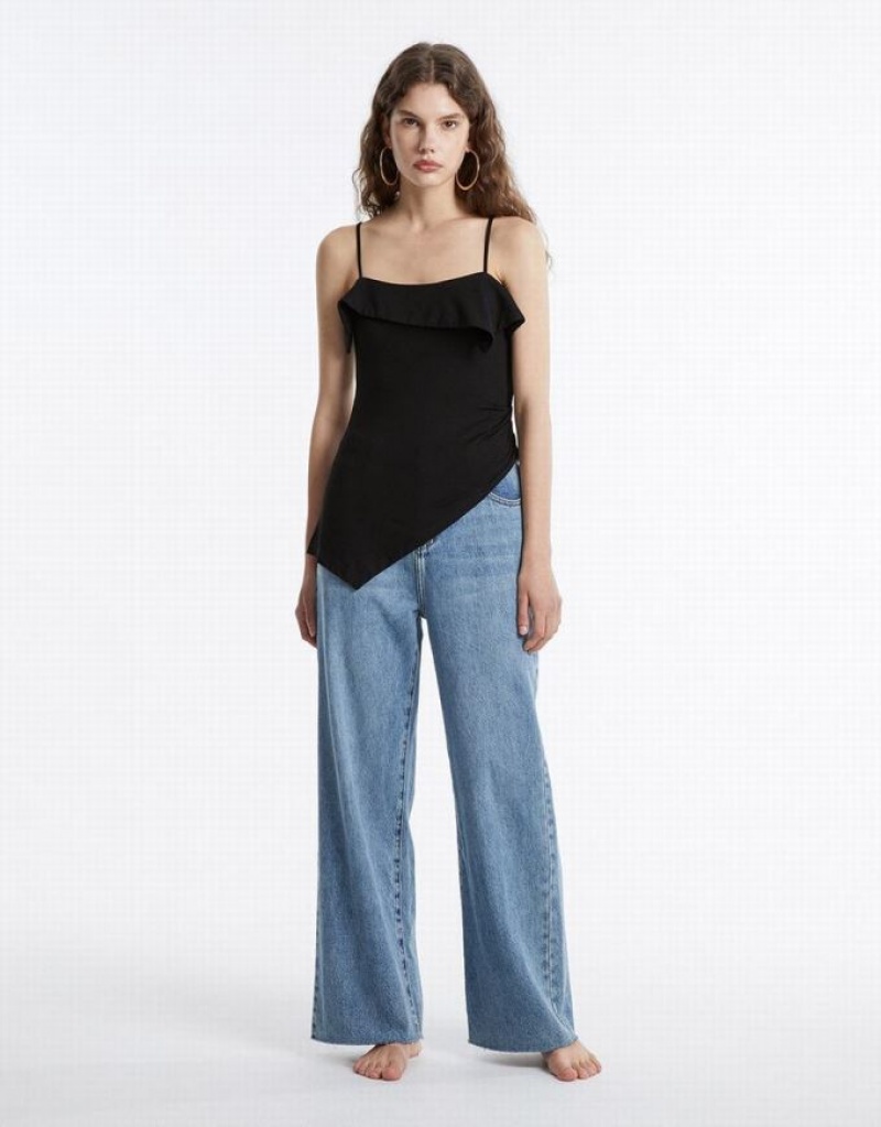 Black Urban Revivo Ruffled Asymmetric Women's Camisole | YXBGMS-136