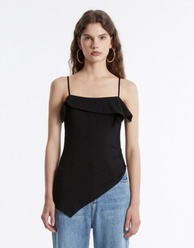 Black Urban Revivo Ruffled Asymmetric Women's Camisole | YXBGMS-136