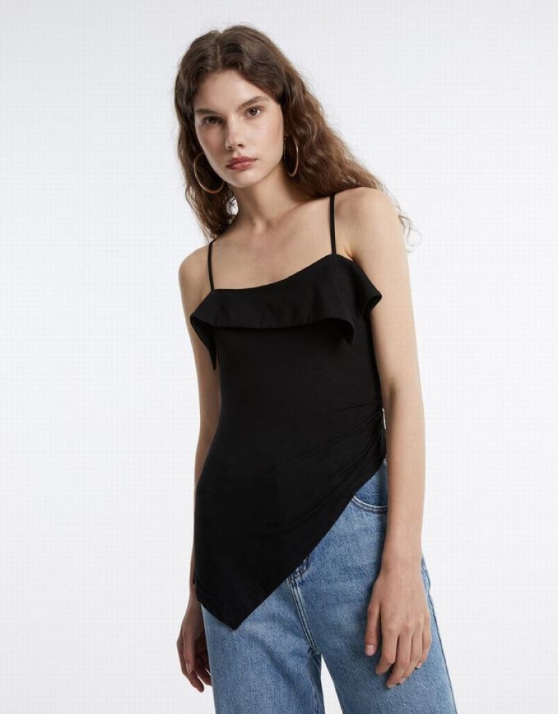 Black Urban Revivo Ruffled Asymmetric Women\'s Camisole | YXBGMS-136
