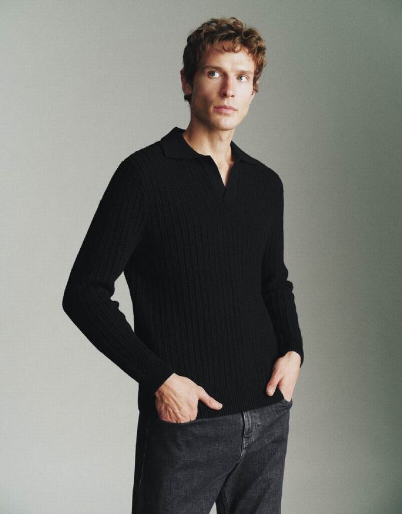 Black Urban Revivo Sailor Collar Lapel Knitted Men's Cardigan | LBVIAO-105