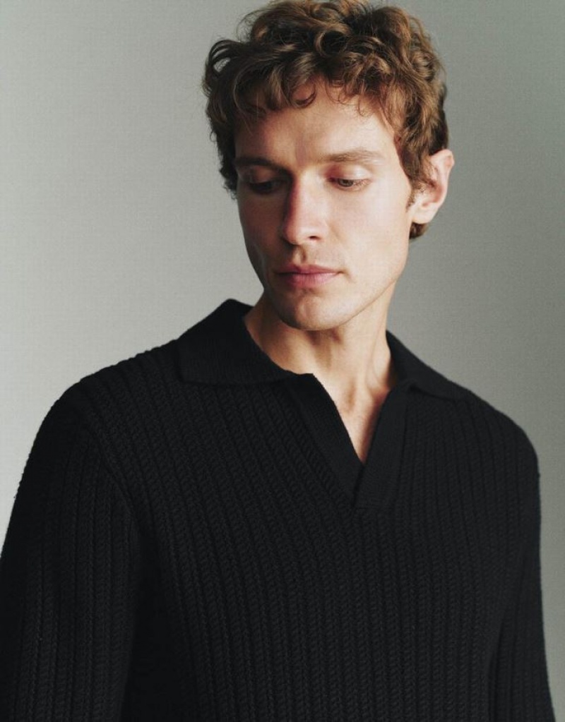 Black Urban Revivo Sailor Collar Lapel Knitted Men's Cardigan | LBVIAO-105