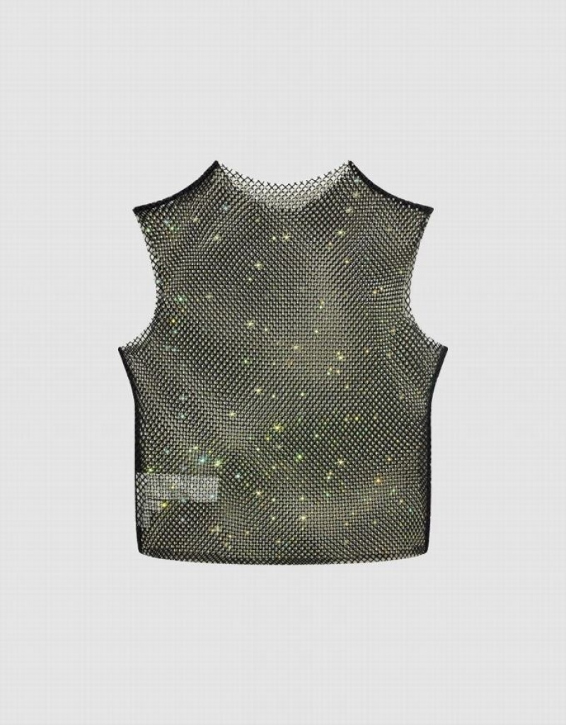 Black Urban Revivo Sheer Crew Neck Women's Tank Top | EDJYGM-075