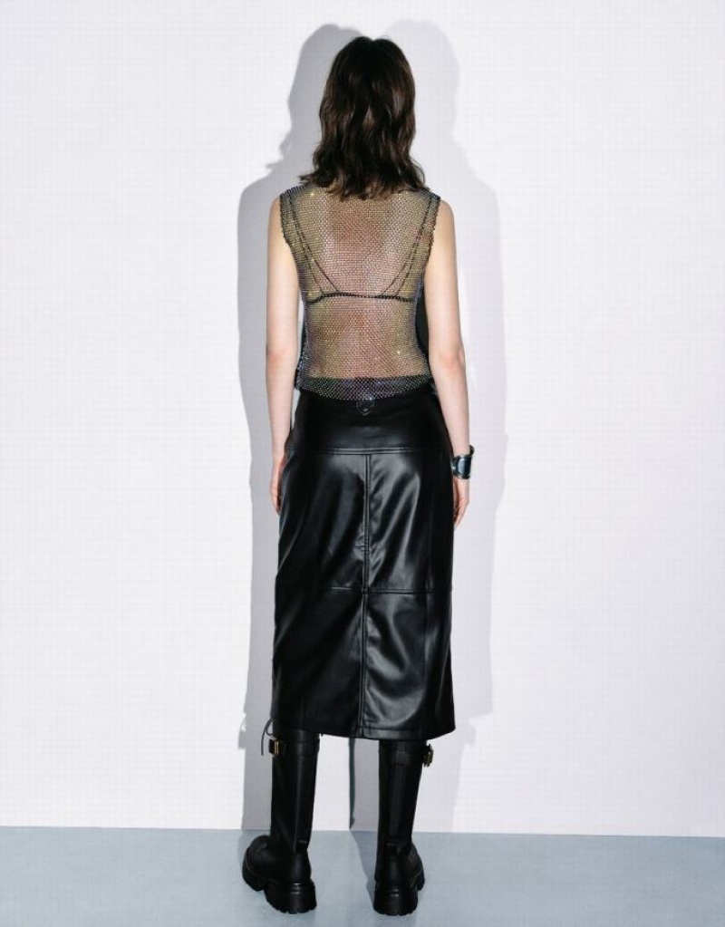 Black Urban Revivo Sheer Crew Neck Women's Tank Top | EDJYGM-075