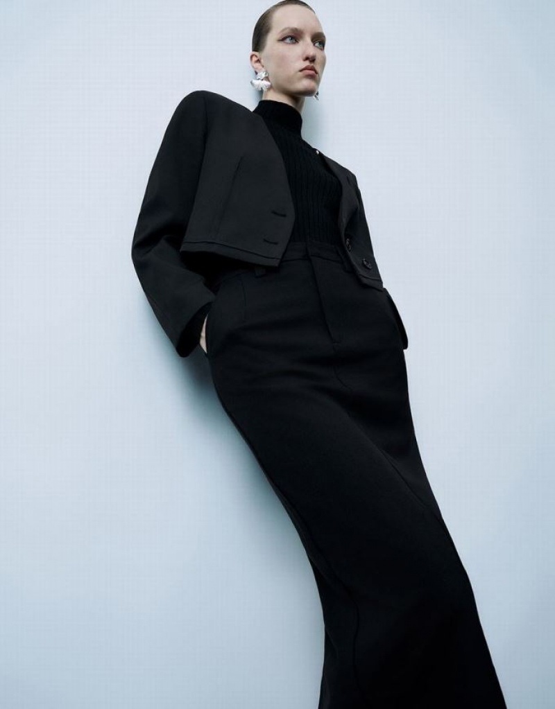 Black Urban Revivo Single Breasted V-Neck Women's Blazers | YVEJIN-870
