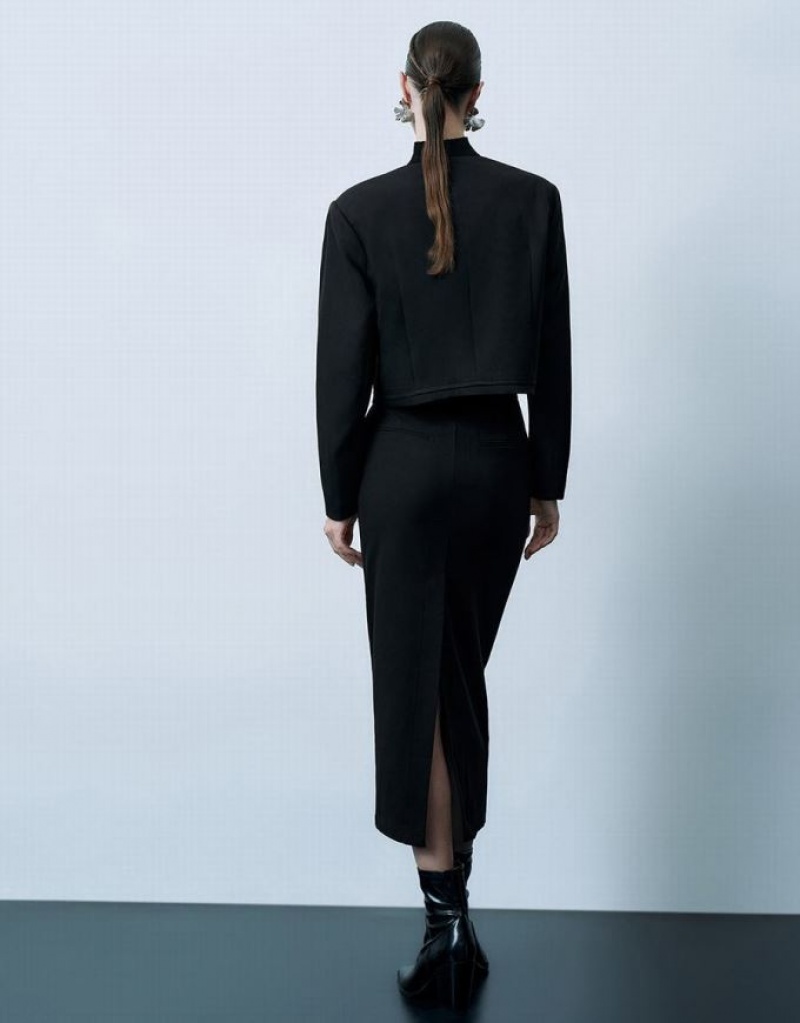 Black Urban Revivo Single Breasted V-Neck Women's Blazers | YVEJIN-870