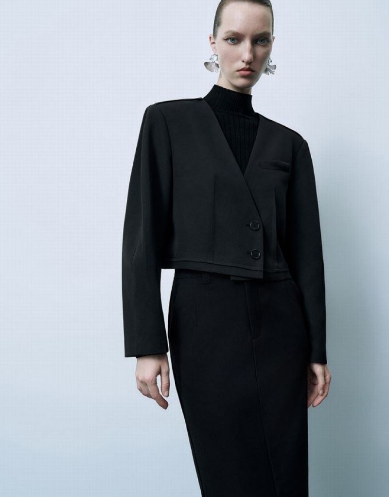 Black Urban Revivo Single Breasted V-Neck Women's Blazers | YVEJIN-870