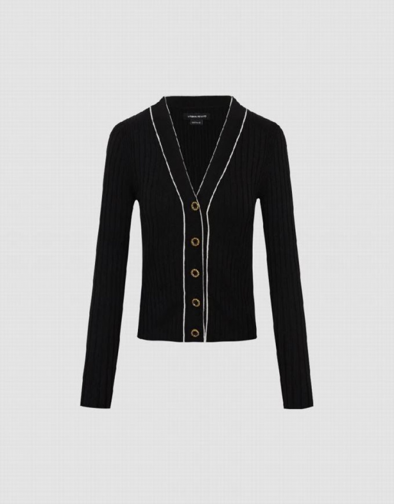 Black Urban Revivo Skinny V-Neck Knitted Women's Cardigan | CFHSBU-479