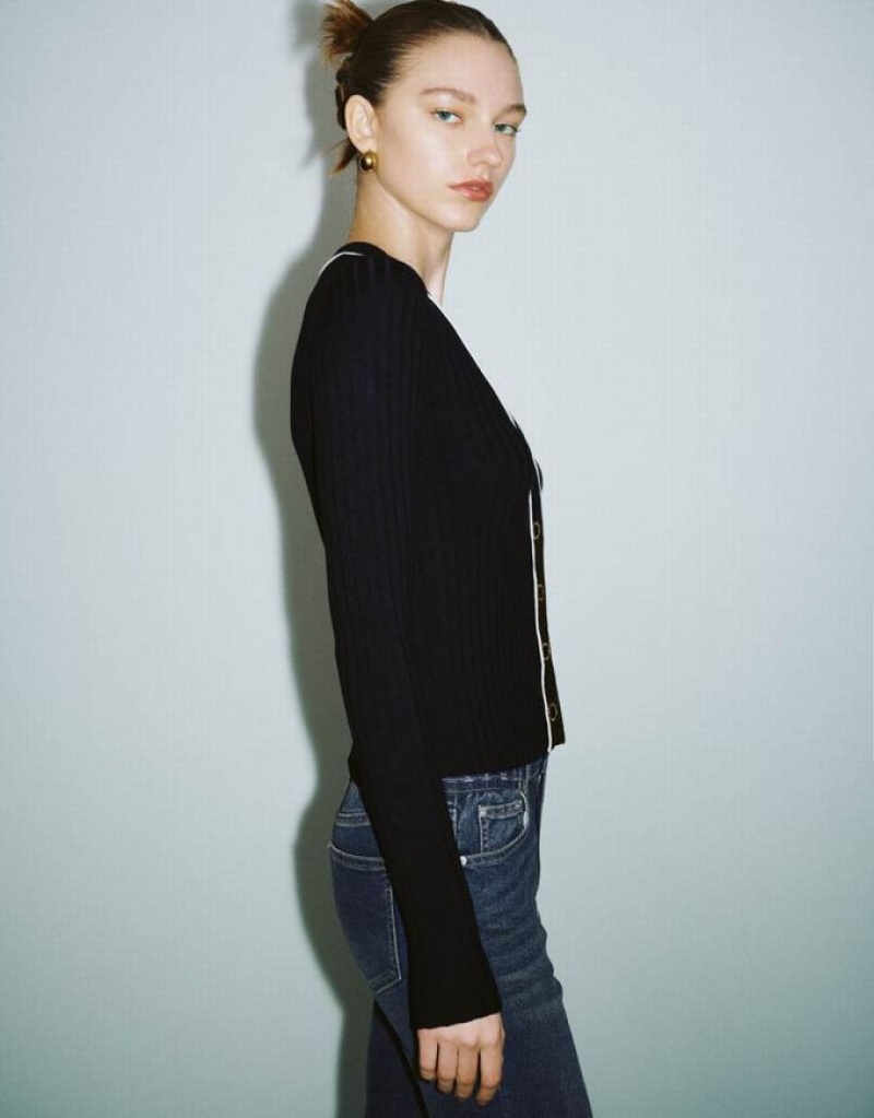 Black Urban Revivo Skinny V-Neck Knitted Women's Cardigan | CFHSBU-479