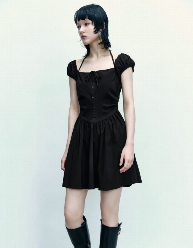 Black Urban Revivo Sleeveless Off-Shoulder A-Line Women's Dress | XVGOTF-098