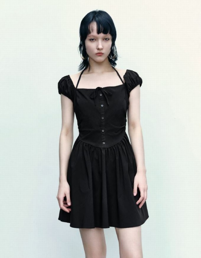 Black Urban Revivo Sleeveless Off-Shoulder A-Line Women\'s Dress | XVGOTF-098