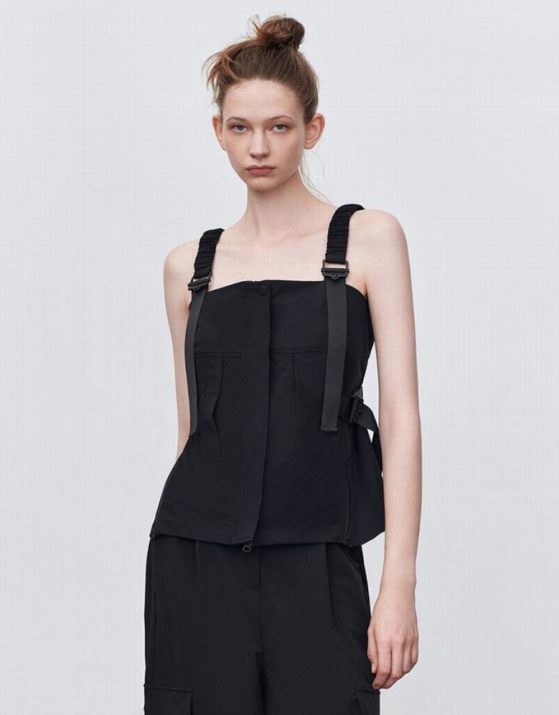 Black Urban Revivo Sleeveless Square-cut Collar Overhead Women\'s Blouse | JKVOQP-745
