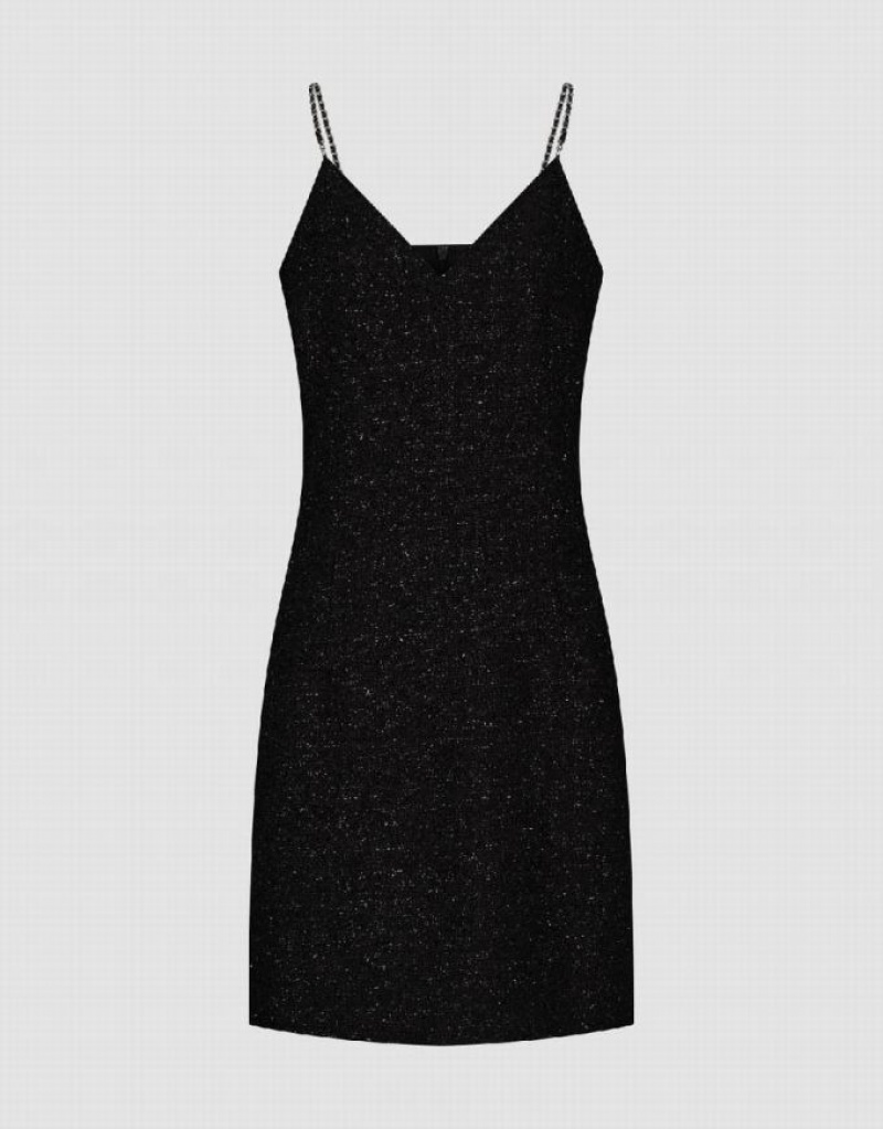Black Urban Revivo Sleeveless Tweed V-Neck Straight Women's Dress | OZSWFV-968